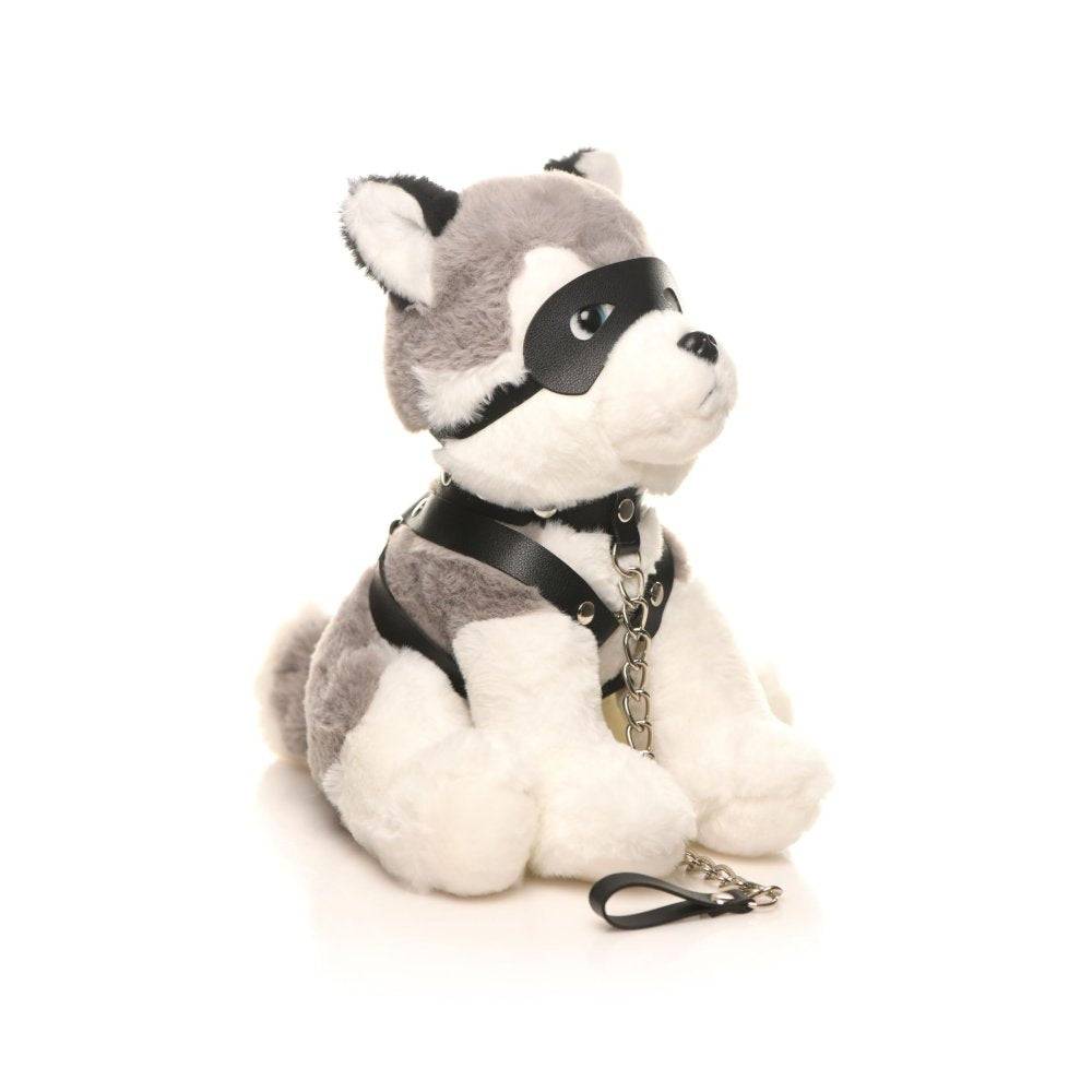 Plush husky pup with vegan-leather harness, collar, leash, and mask from Master Series Max collection