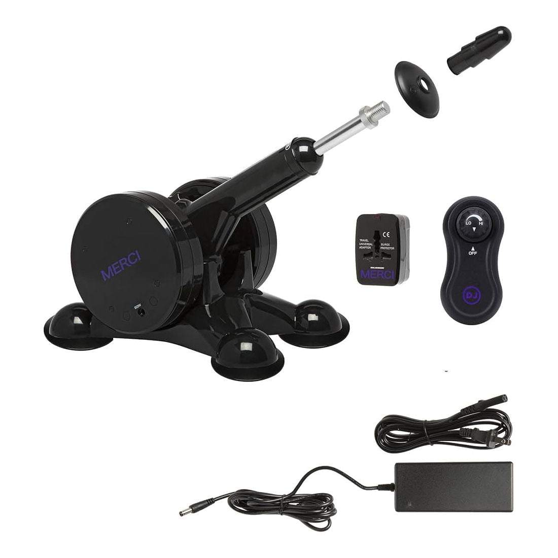 Merci Power Banger fuck machine with wireless remote, adjustable thruster arm, suction cup base, speed control dial, and power adapter.