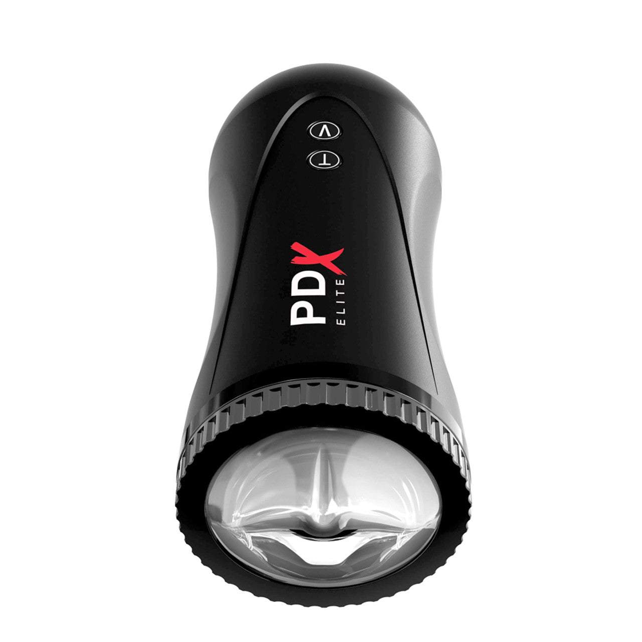 Elite Moto Stroker Rechargeable Thrusting Vibrating Masturbator in clear and black design.