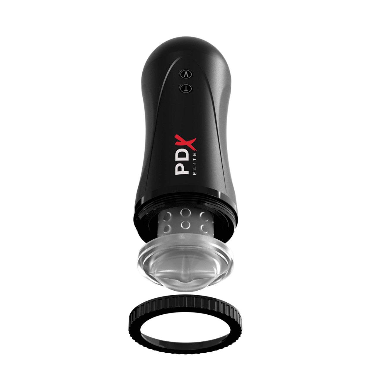 PDX Elite Moto Stroker Rechargeable Thrusting Vibrating Masturbator in clear and black design.