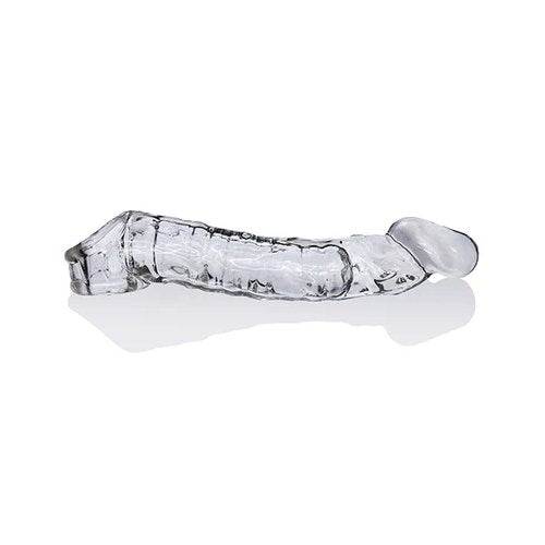 Clear ribbed OxBalls Muscle Cocksheath designed to enhance pleasure with added girth and length.