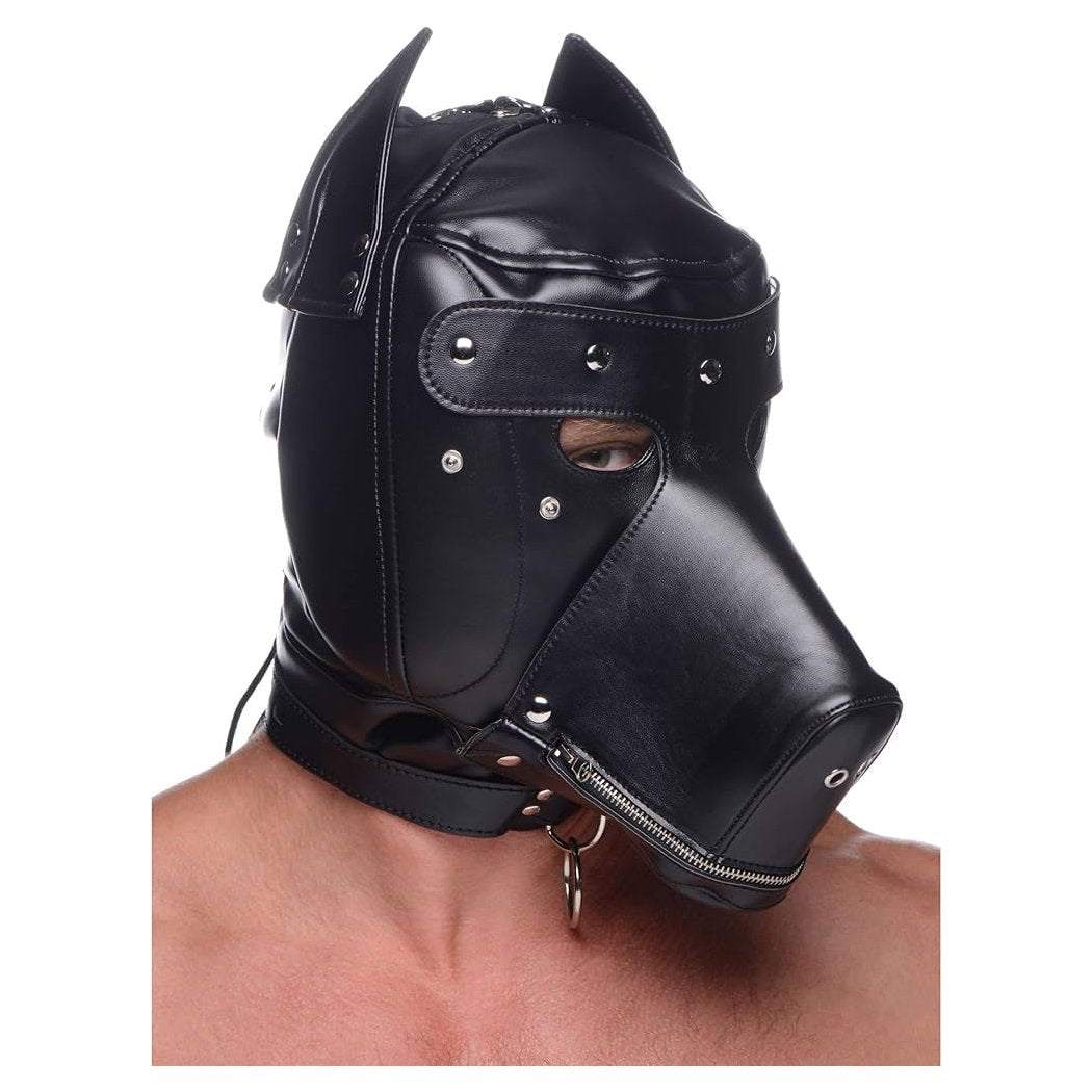 Master Series Muzzled Universal BDSM Hood in black leather with removable muzzle and adjustable straps.