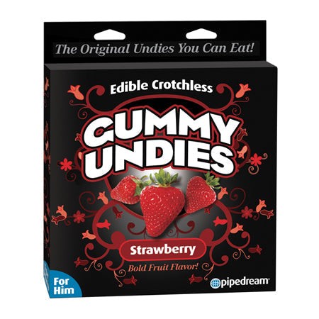 Pipedream Edible Gummy Undies strawberry flavor crotchless candy for him in black packaging