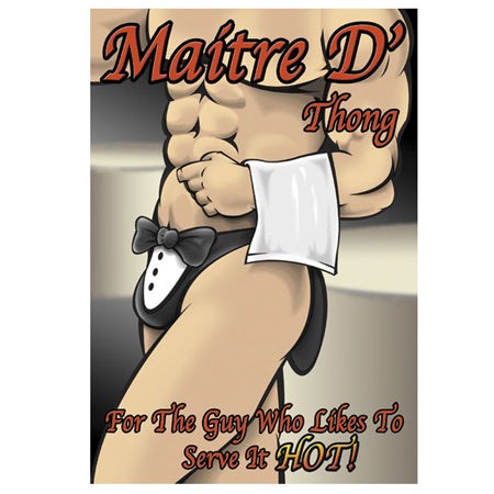 Male Power Maitre D' Thong underwear with black fabric, silver waistband, and tuxedo-inspired design
