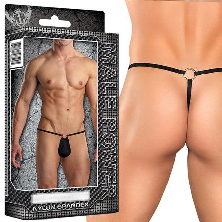 Male Power G-String with Front Ring, black, nylon spandex, one size.