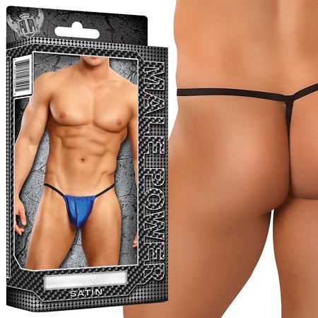 Male Power Satin Lycra men's satin posing strap underwear in blue with minimal coverage and one size fits most design