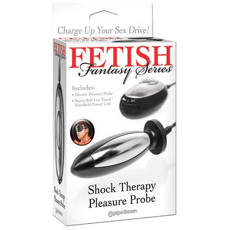 Pipedream Fetish Fantasy Series Shock Therapy Pleasure Probe packaging, black and silver design, with remote control.