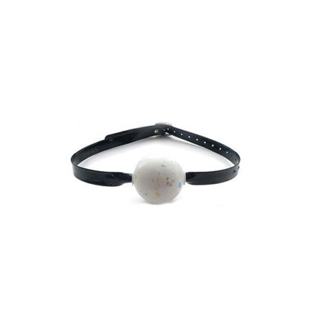 KinkLab Jawbreaker Ball Gag with adjustable black leather strap and white ball