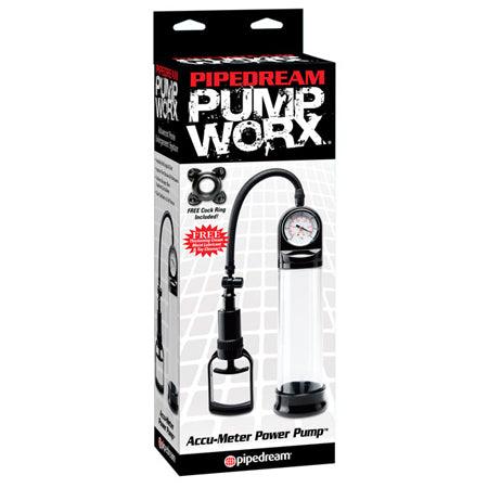 Pipedream Pump Worx Accu-Meter Power Pump Clear/Black with pressure gauge and quick-release valve in packaging.