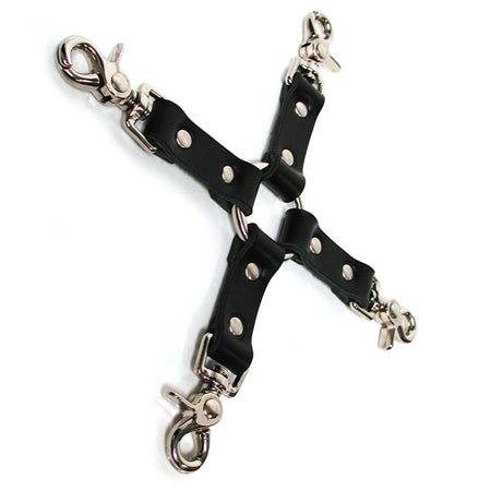 KinkLab Leather Hog Tie Straps in black with adjustable leather straps and central O-ring.
