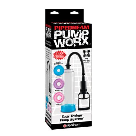 Pipedream Pump Worx 4-piece clear cock trainer pump system with silicone rings and hand pump for male enhancement