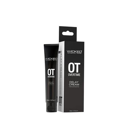 Wicked Overtime Delay Cream 1oz tube and packaging for enhanced pleasure and prolonged performance.