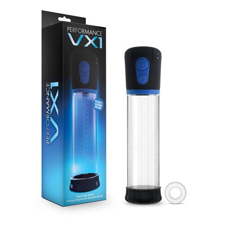 Blush Performance VX1 clear male enhancement pump system with motorized vacuum chamber and cock ring