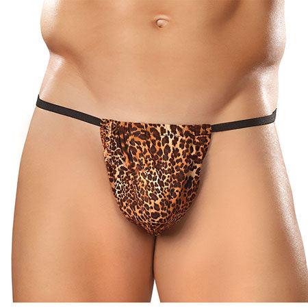 Male model wearing brown leopard print Male Power Animal Posing Strap with black elastic waistband