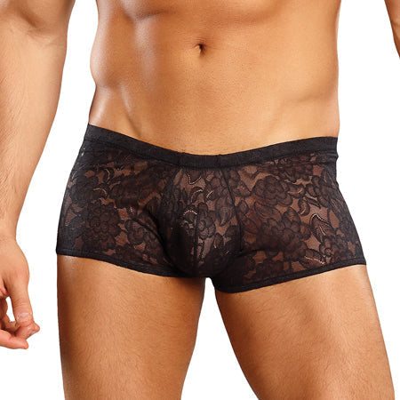 Male Power Stretch Lace Mini Short in black lace, showcasing a form-fitting, sheer silhouette.