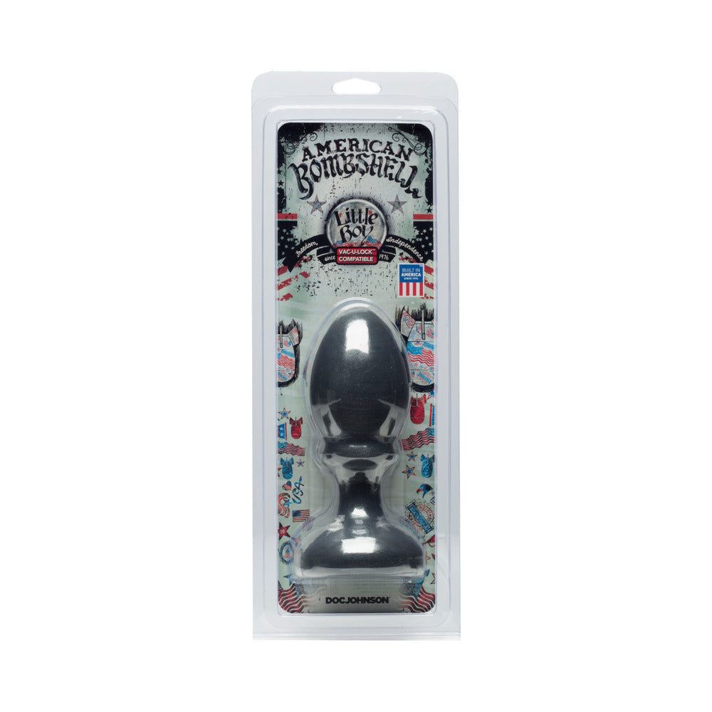 American Bombshell Plug Little Boy in packaging, gunmetal color, anal play toy.