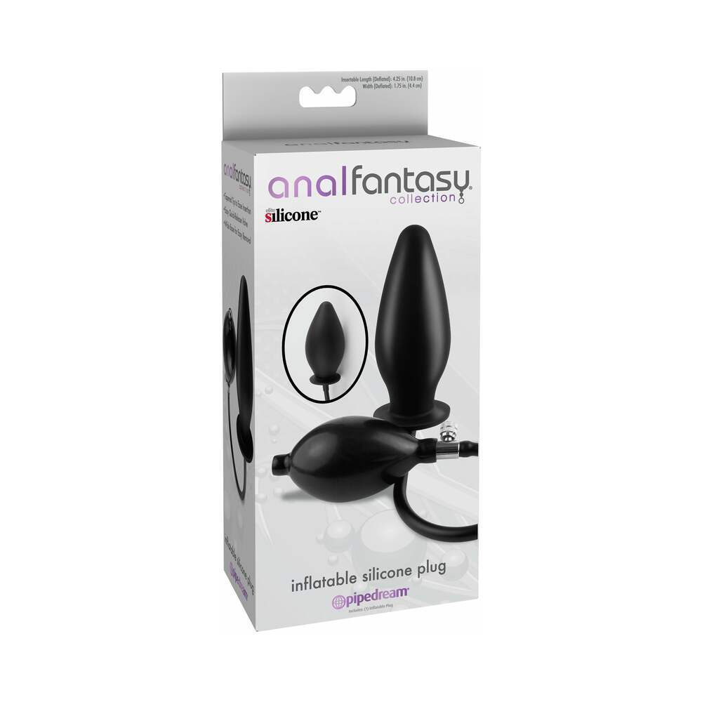 Pipedream Anal Fantasy Collection Inflatable Silicone Plug Black packaging displaying product features and accessories.