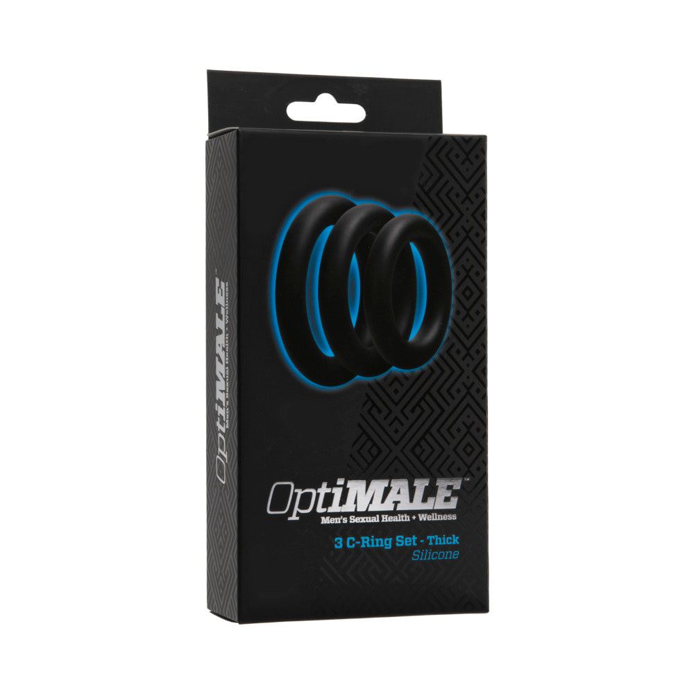 OptiMALE 3 C-Ring Set Thick Black silicone rings in packaging for size and performance enhancement.