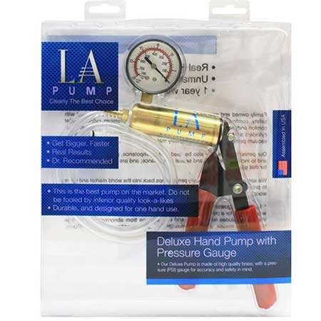LA Pump Deluxe Pump in packaging with pressure gauge and hand pump.