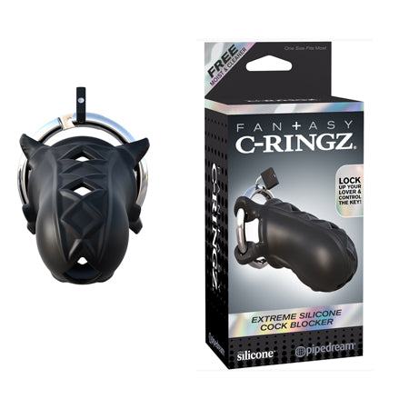 C-Ringz Extreme Silicone black cock blocker with lock and packaging box for male sexual enhancement