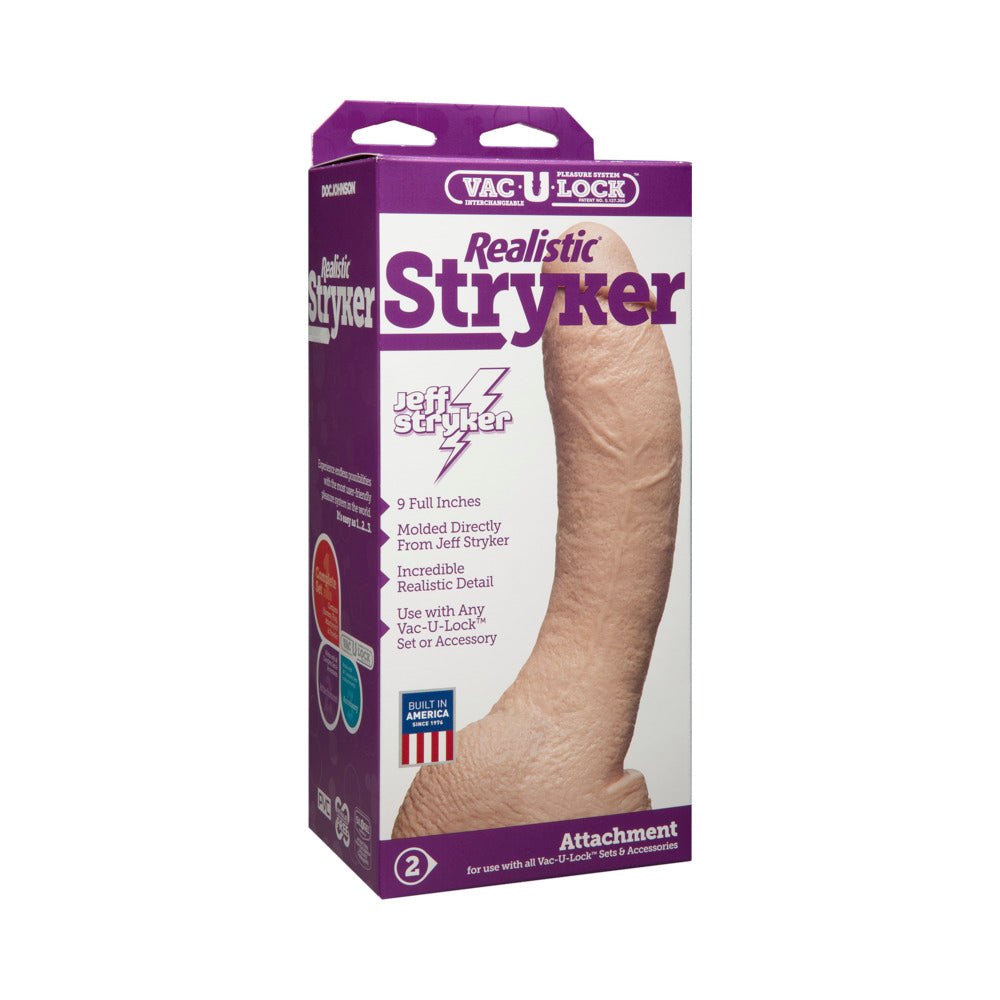 Vac-U-Lock Realistic Stryker White dildo with lifelike texture and harness compatibility in 9.5-inch size
