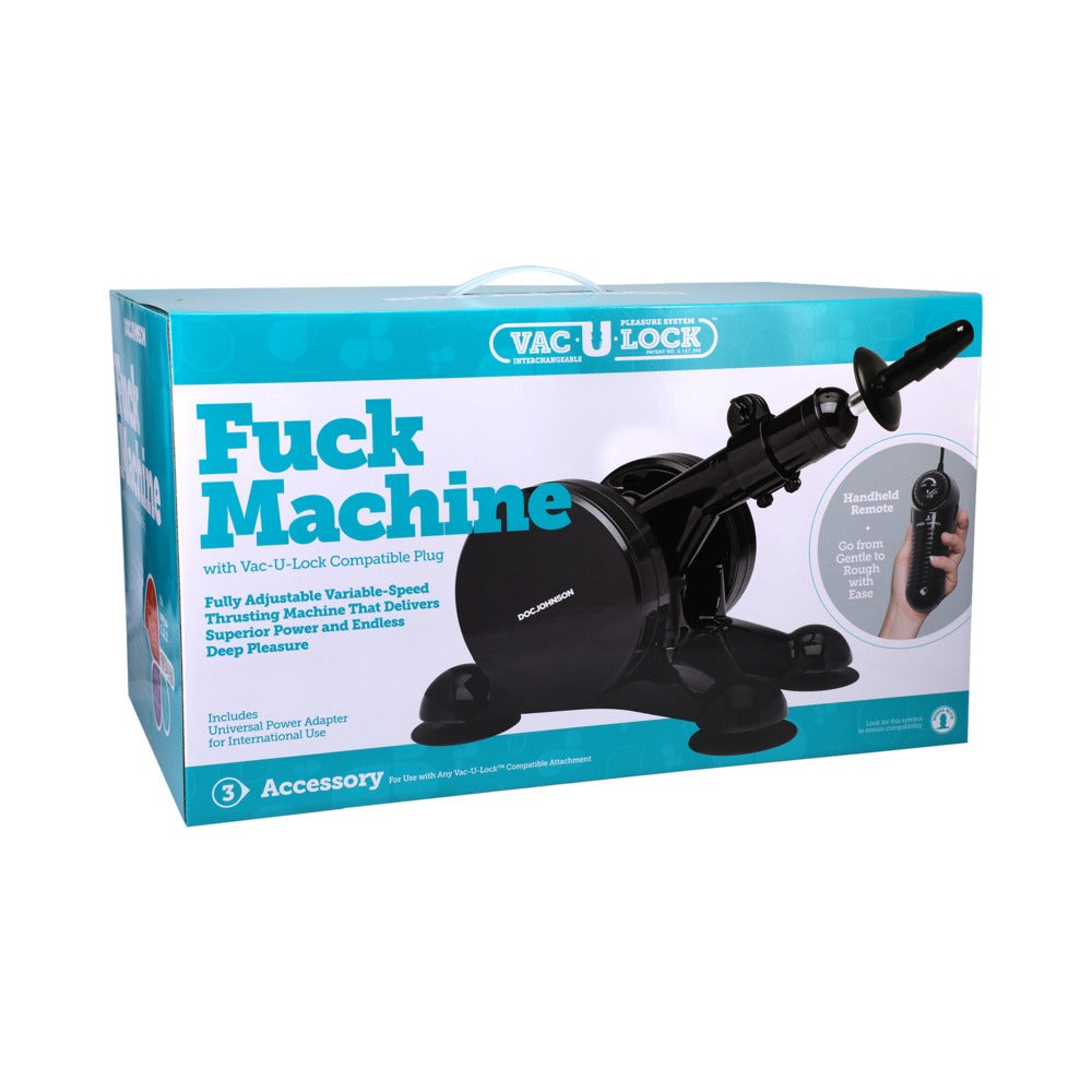 Vac-U-Lock Fucking Machine with adjustable thruster arm, variable speed, suction cup base, and handheld remote control
