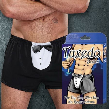 Male Power Men's Black Tuxedo Boxer with faux button fly and pocket detailing.