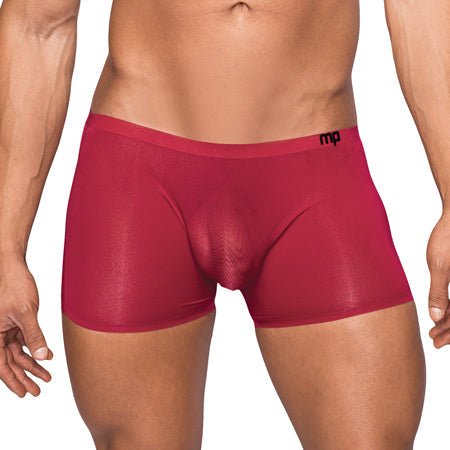 Male Power Seamless Sleek Short with Sheer Pouch in red, providing comfort and support.