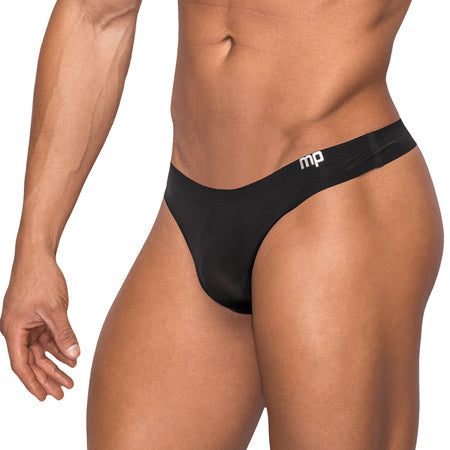 Male Power Seamless Sleek Thong with Sheer Pouch, black, low-rise, stylish design.