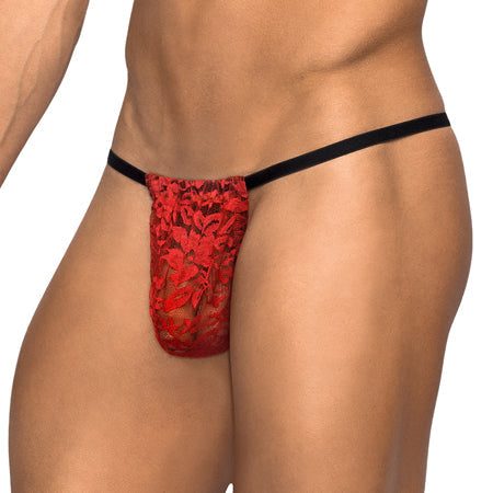 Male Power Stretch Lace Posing Strap with lacy pouch and elastic waistband.