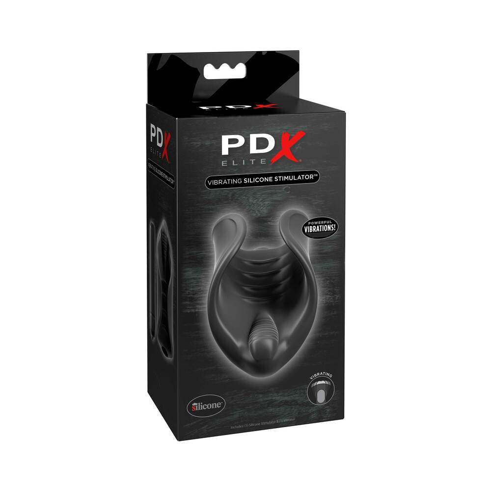 PDX Elite Vibrating Silicone Stimulator Stroker Black in packaging.