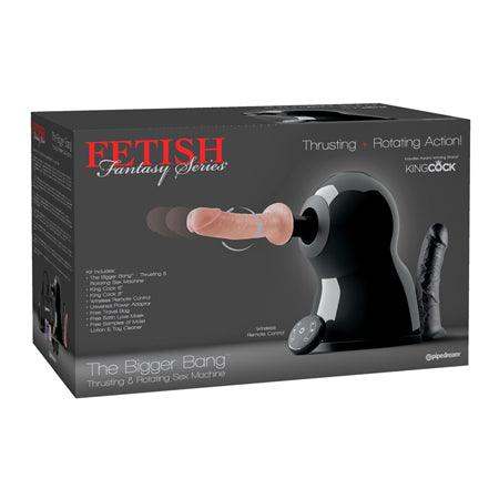 Pipedream Fetish Fantasy Series 7-Piece Sex Machine Kit in packaging displaying thrusting and rotating features.