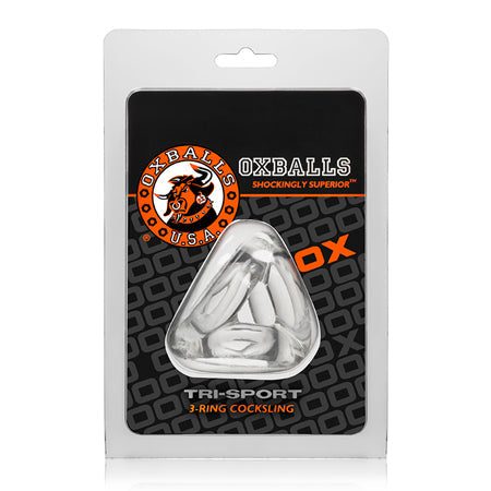 OxBalls Tri-Sport Cocksling in packaging with tri-ring design for enhanced pleasure.