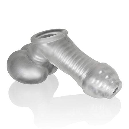 OxBalls Sackjack clear frost wearable jackoff sheath with ribbed texture and openings for drainage and electric leads.