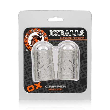 OxBalls Gripper Nipple Suckers in clear FLEXtpr material with diamond plate design for enhanced nipple stimulation and firm grip.
