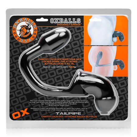 OxBalls Tailpipe black chastity cock-lock with attached buttplug.