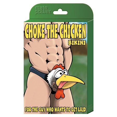Male Power Novelty Bikini with rooster graphic and "Choke the Chckn" text.