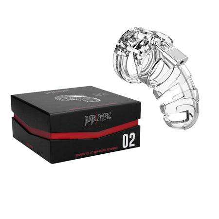 Shots ManCage Model 02 clear adjustable chastity cage with packaging.