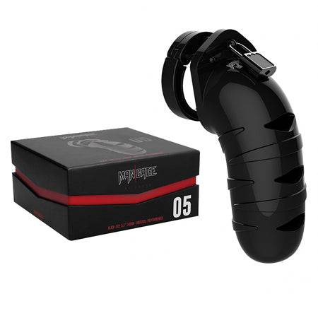 Shots ManCage Model 05 Adjustable 5.5 in. Chastity Cock Cage Black with lock mechanism and discreet design.