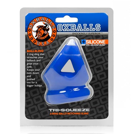 Oxballs Tri-Squeeze Cocksling and Ballstretcher, blue silicone design, packaged product.