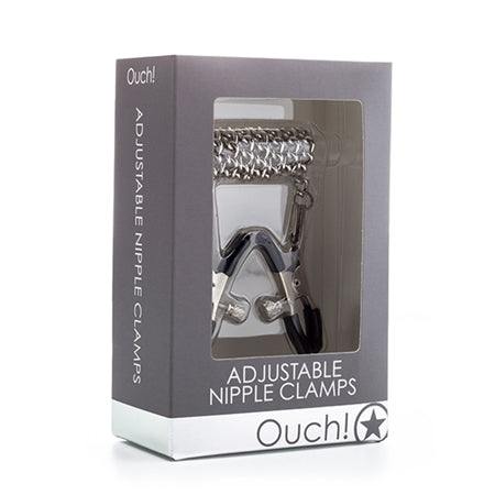 Ouch! Adjustable metal nipple clamps with silver chain in gray packaging for BDSM play