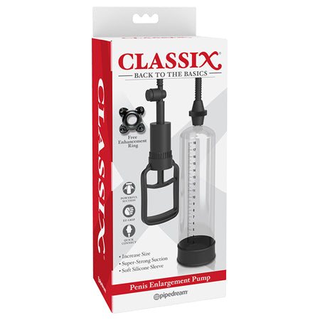 Pipedream Classix Penis Enlargement Pump in clear and black packaging.