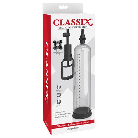 Pipedream Classix XL Penis Enlargement Pump in clear and black with pressure gauge and silicone sleeve in packaging