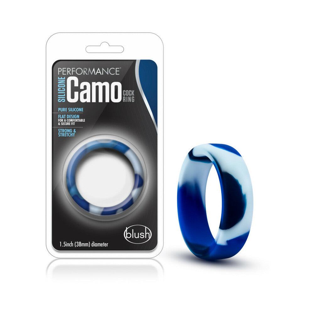 Blush Performance Silicone Camo Cock Ring in blue camouflage design, featuring soft, stretchy body-safe silicone with a satin smooth finish.