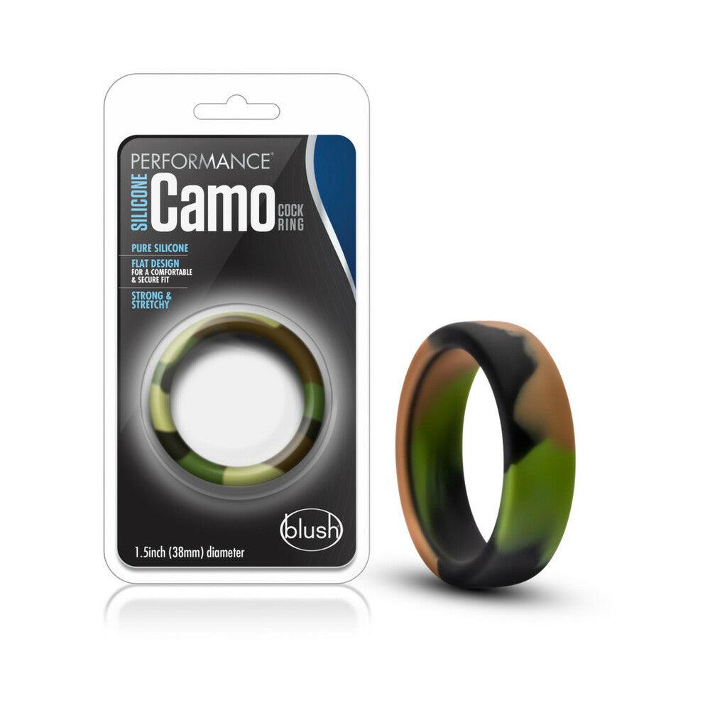 Blush Performance Silicone Camo Cock Ring Green Camouflage with packaging and product view.
