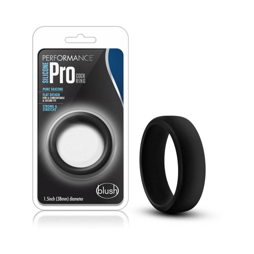 Blush Performance Silicone Go Pro Cock Ring Black in packaging with product display.