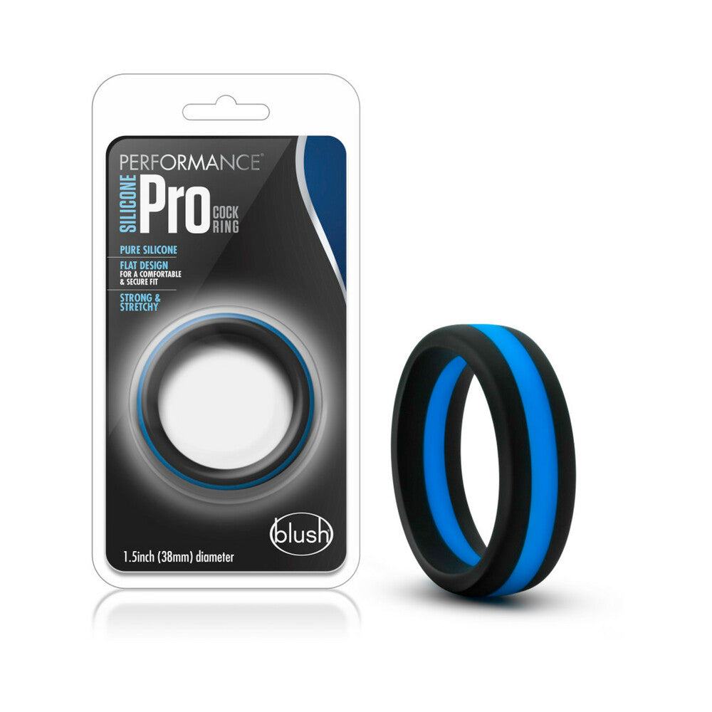 Blush Performance Silicone Go Pro Cock Ring in black and indigo, body-safe, hypoallergenic, sleek design.