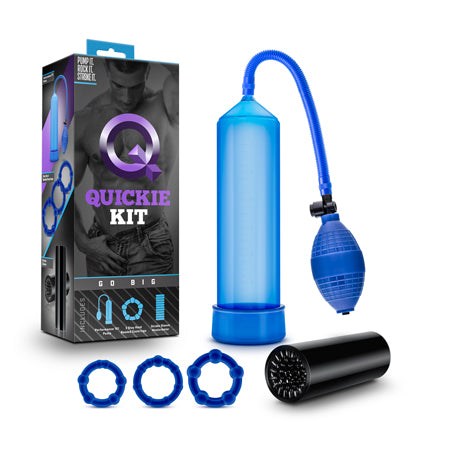 Quickie Kit Go Big Pump, Stroker & 3-Piece Cockring Set in blue packaging and contents.