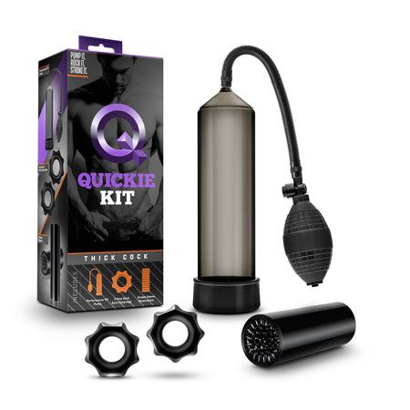 Quickie Kit Thick Cock Pump set with stroker and two cockrings in black for enhanced pleasure and performance
