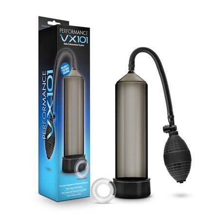 Blush Performance VX101 Male Enhancement Pump with silicone sleeve, clear cylinder, and pressure gauge for sexual performance enhancement.